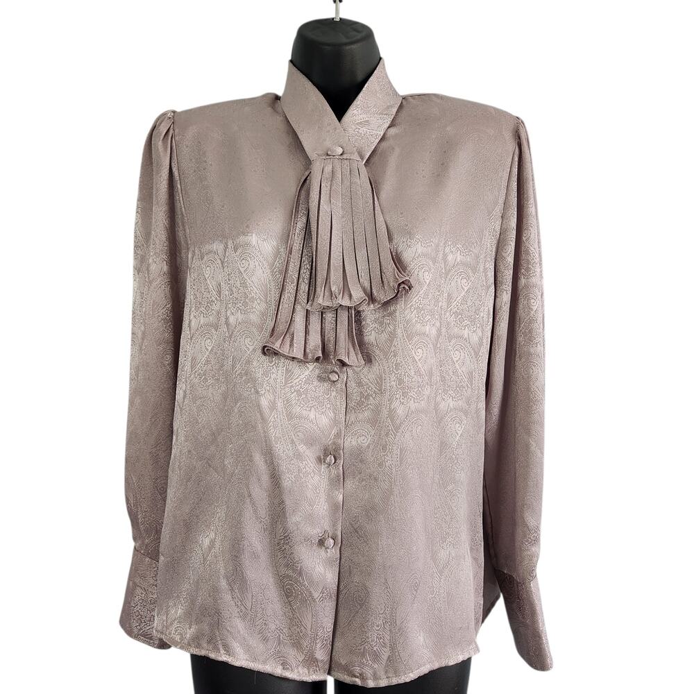 VINTAGE 1980s Christie & Jill blouse embossed paisley ascot bow taupe size 10